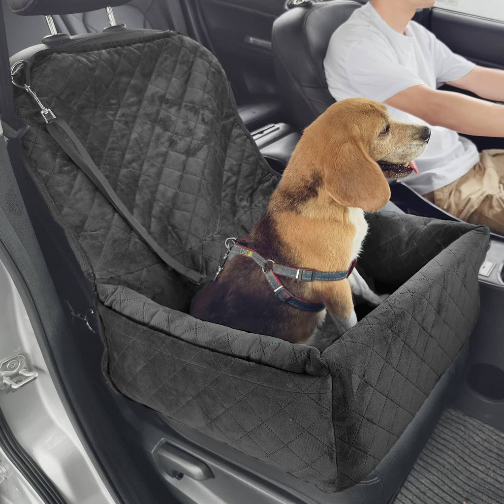 Black quilted dog booster car seat in car with padded base and front safety opening