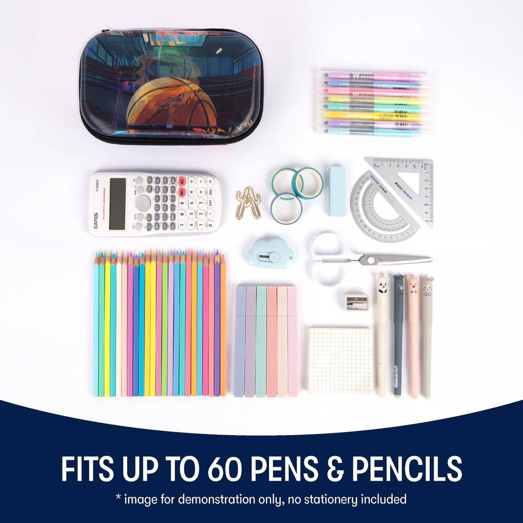 ZIPIT 3D pencil case with stationery shown, blue base, basketball flame-net graphic.
