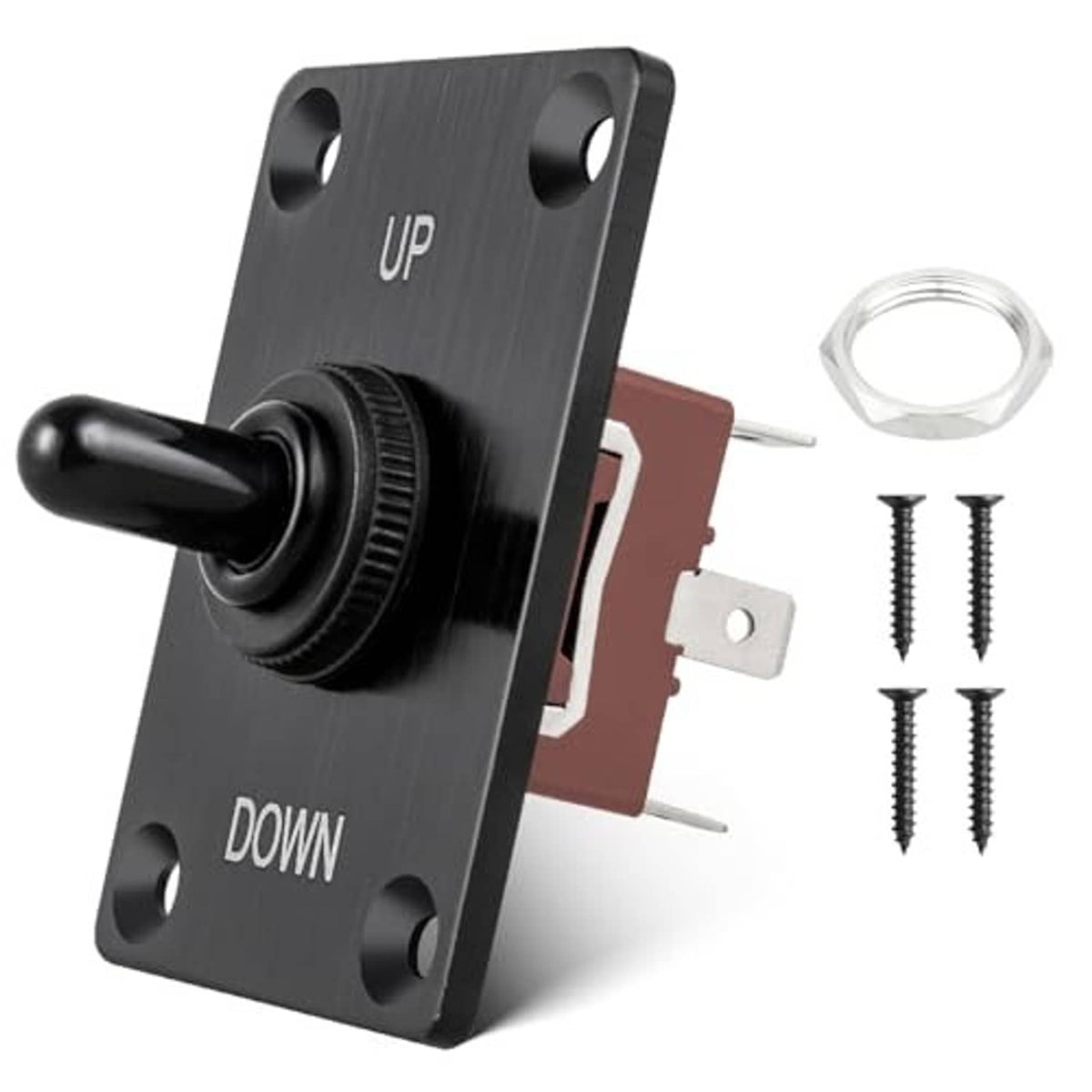 Heavy-duty 3-pin marine toggle switch with black lever, UP/DOWN labels, and mounting pins
