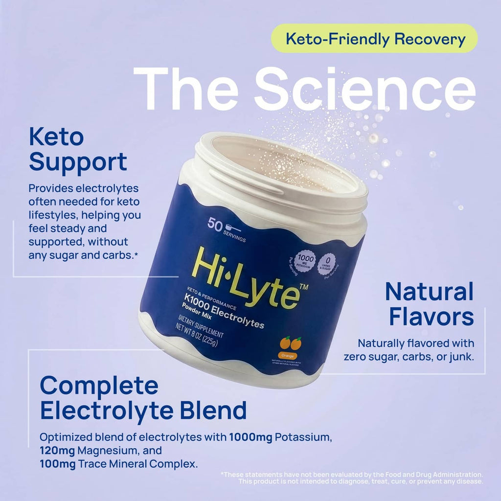 Hi-Lyte K1000 electrolytes powder mix container, natural flavors callout