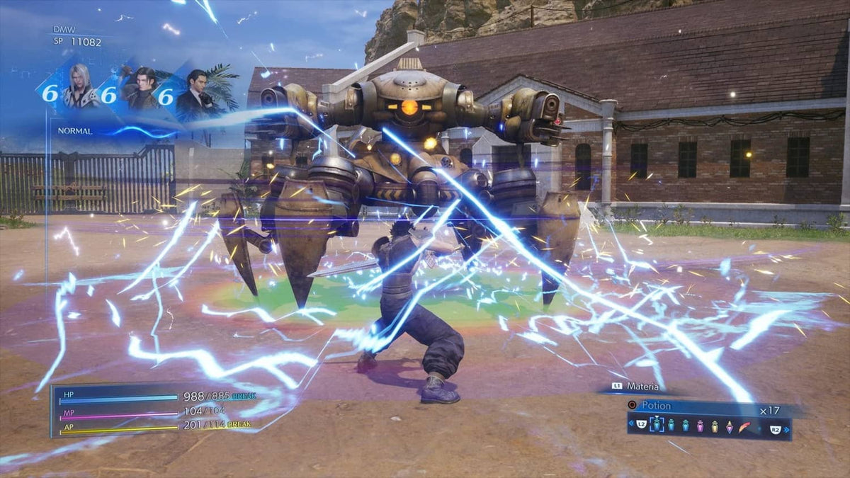 Gameplay screenshot of mecha combat with lightning effects and glowing enemy targets