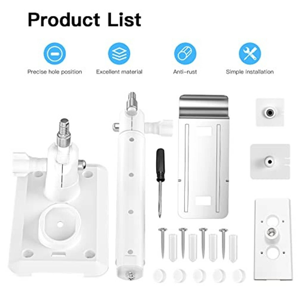 White solar spotlight camera parts kit with mounting bracket, screws, and components