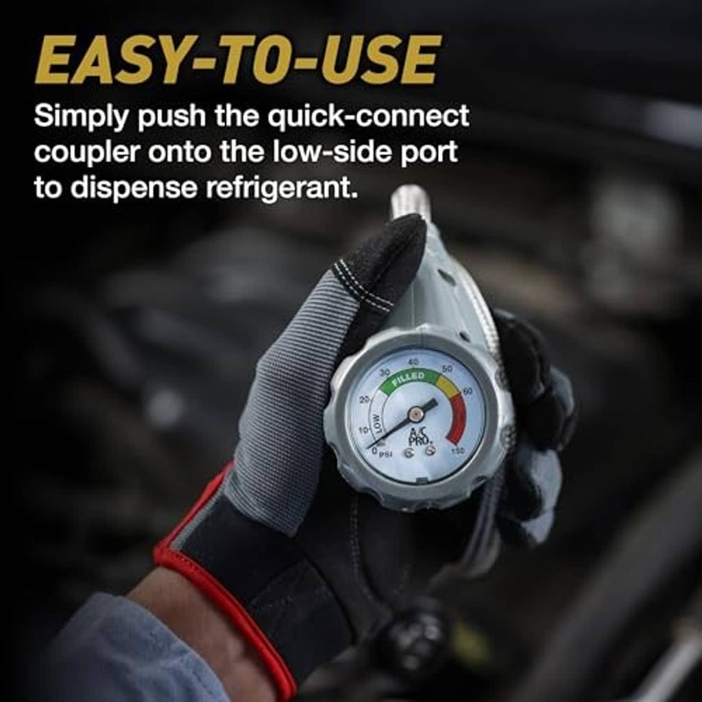 A/C gauge hose kit in use with glove holding the dial gauge and coupler