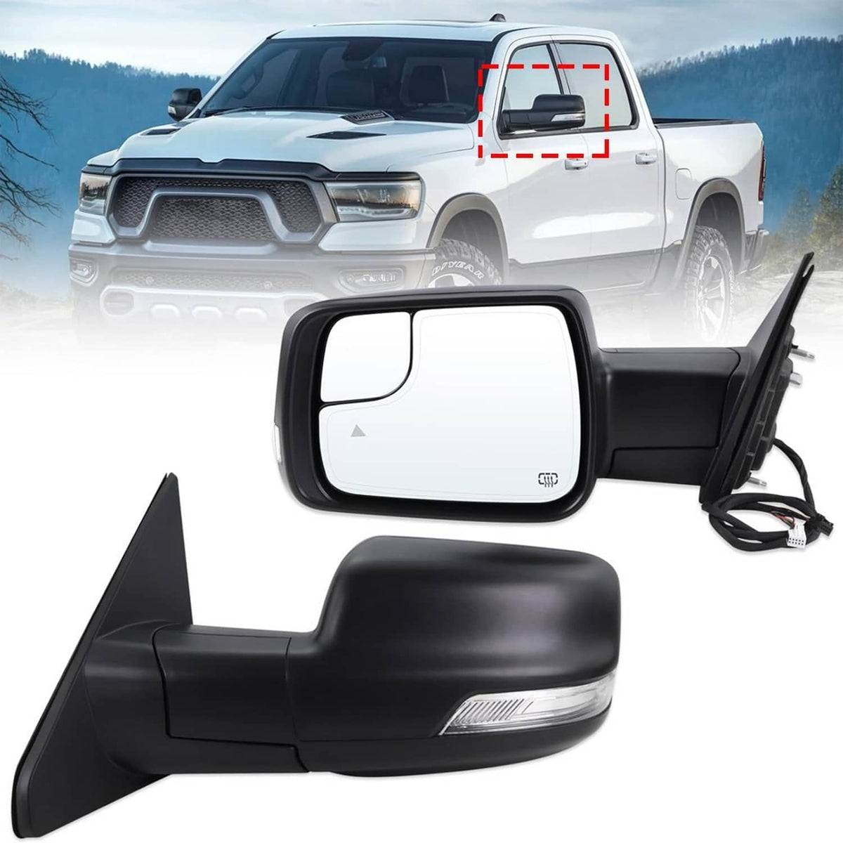 Left driver-side power mirror with signal light, heated function icon on mirror glass