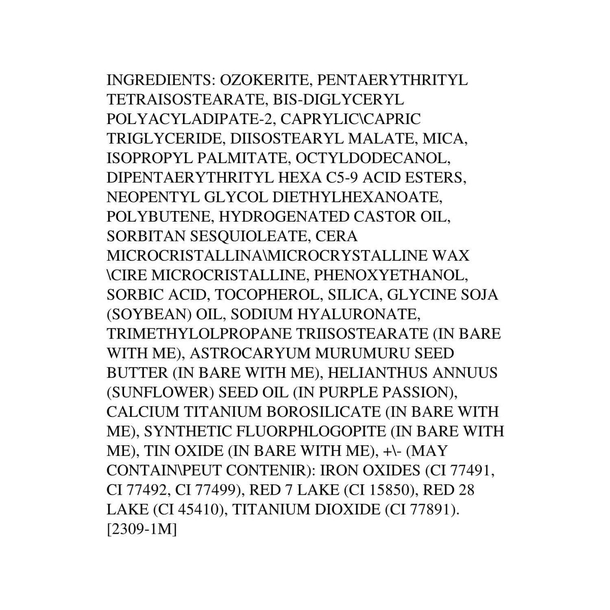 Lipstick ingredient list label with long fine print and many components