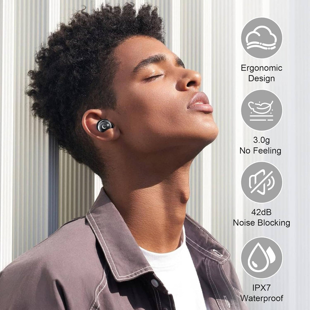 Person wearing black ergonomic earbuds; IPX7 waterproof and noise blocking feature icons