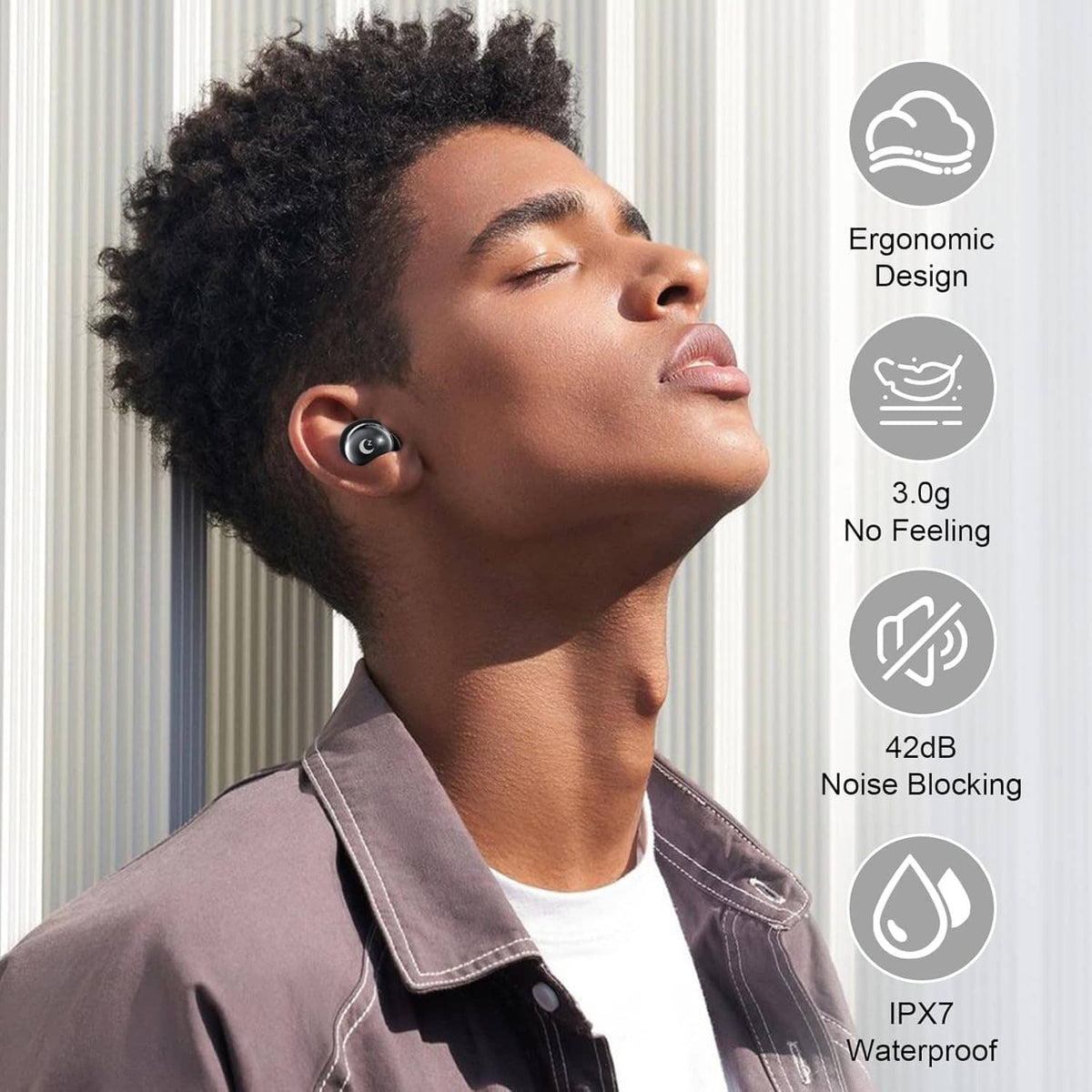 Person wearing black ergonomic earbuds; IPX7 waterproof and noise blocking feature icons