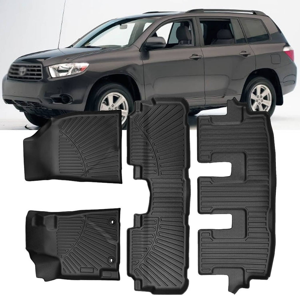 Black rubber floor mat set with molded grid tread and vehicle-specific cutouts