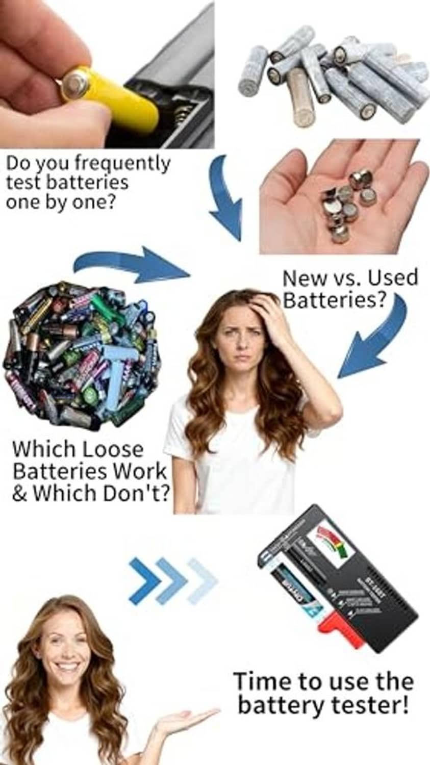 Battery tester shown comparing loose batteries, black body with red grip.