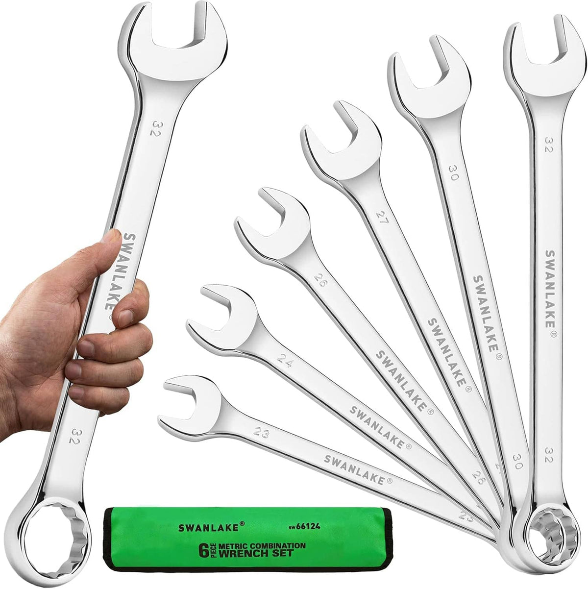 6-piece combination wrench set with chrome wrenches, 23/24/26 mm sizes