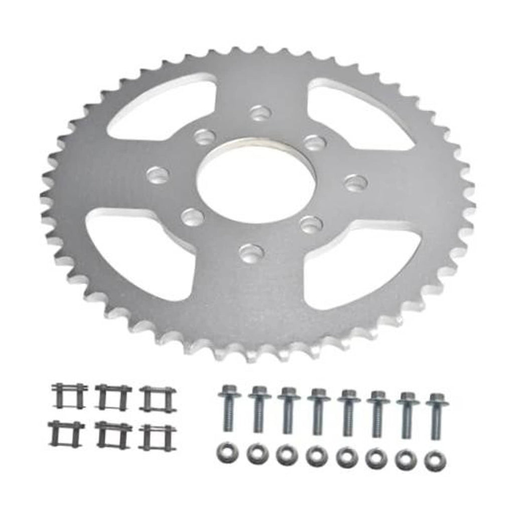 Steel chain sprocket with 48 teeth and 8 mounting holes, includes hardware pieces