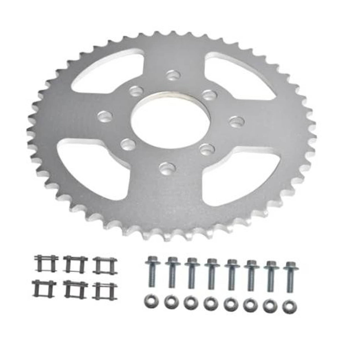 Steel chain sprocket with 48 teeth and 8 mounting holes, includes hardware pieces