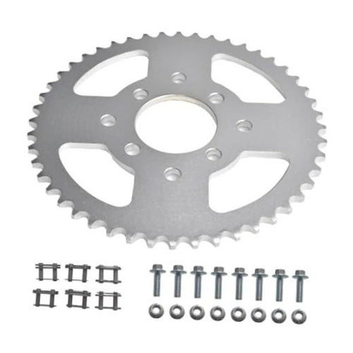 Steel chain sprocket with 48 teeth and 8 mounting holes, includes hardware pieces