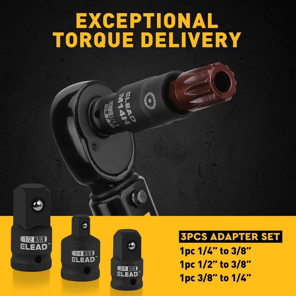 Impact spline bit sockets with adapter set pieces in black and brown