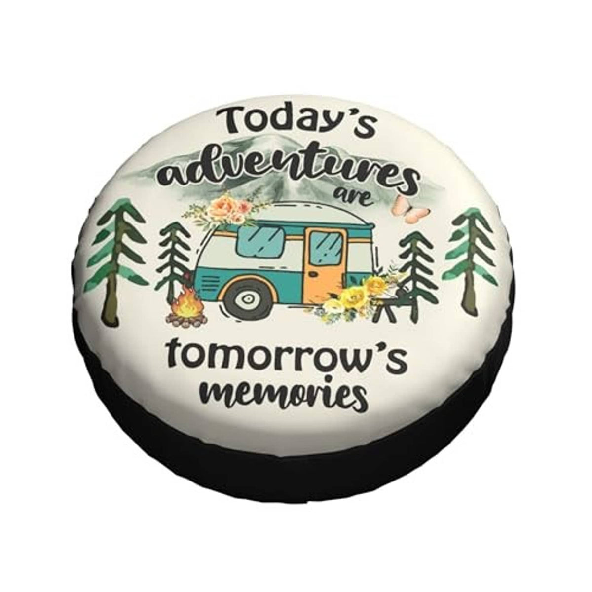 Cream spare tire cover with rim, camper scene graphic and 'Today’s adventures are tomorrow’s memories'
