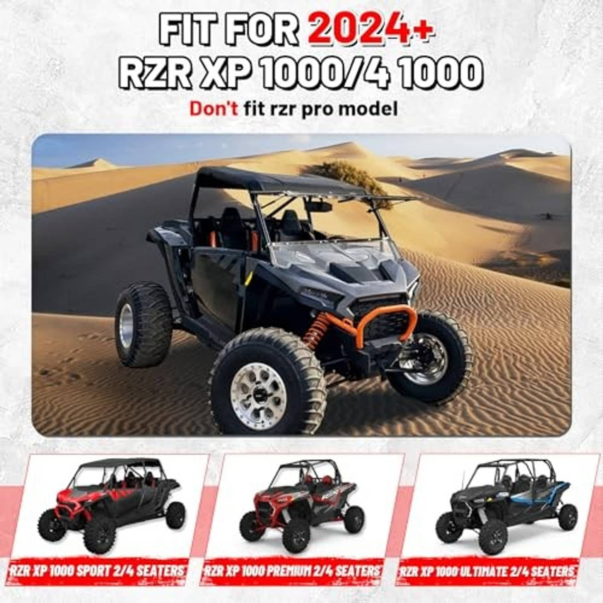 UTV windshield kit sized for 2024+ RZR XP 1000, shown on an off-road vehicle