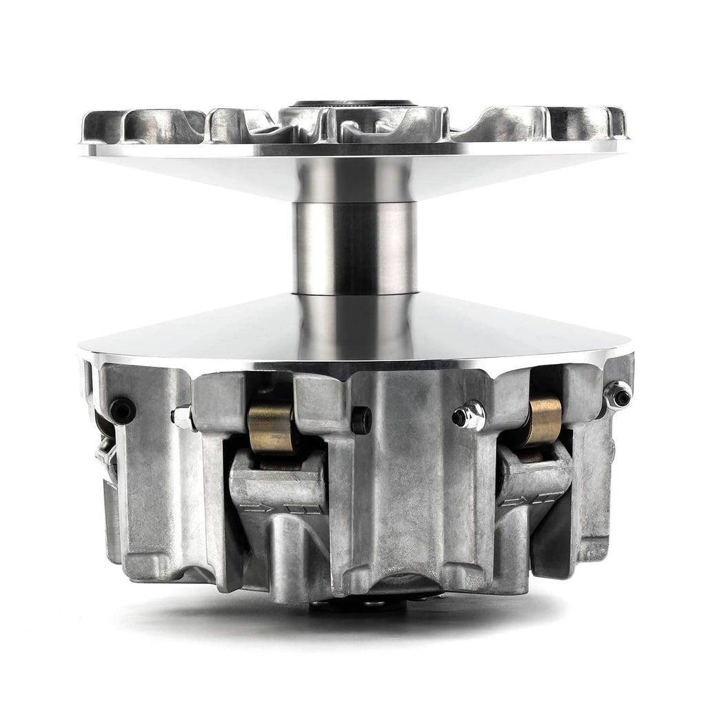 CVT primary drive clutch with stacked silver pulley discs and internal linkage
