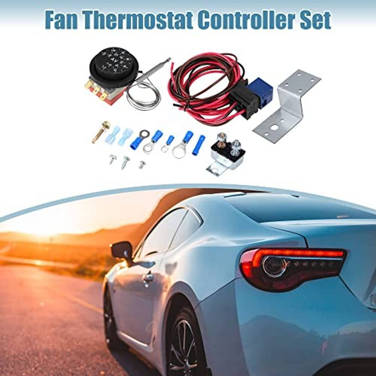 Fan thermostat controller set kit with adjustable dial, wiring harness, and mounting hardware