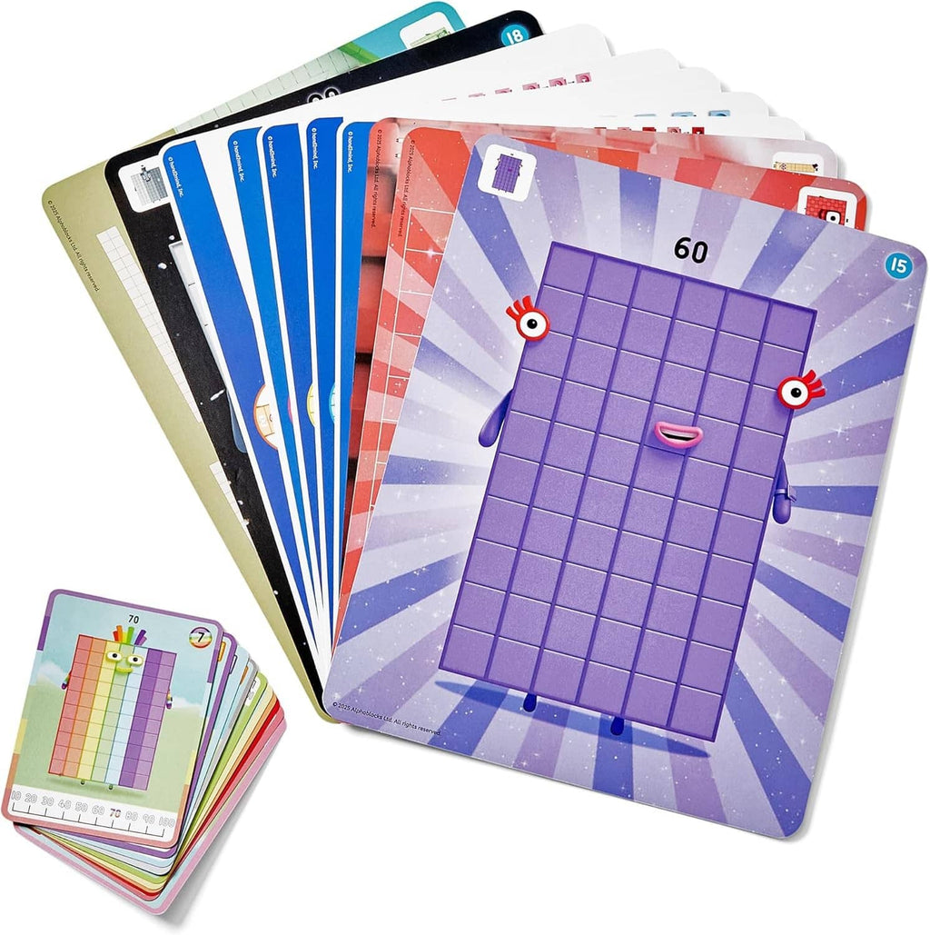 Stack of Numberblocks math activity cards with purple square character grid