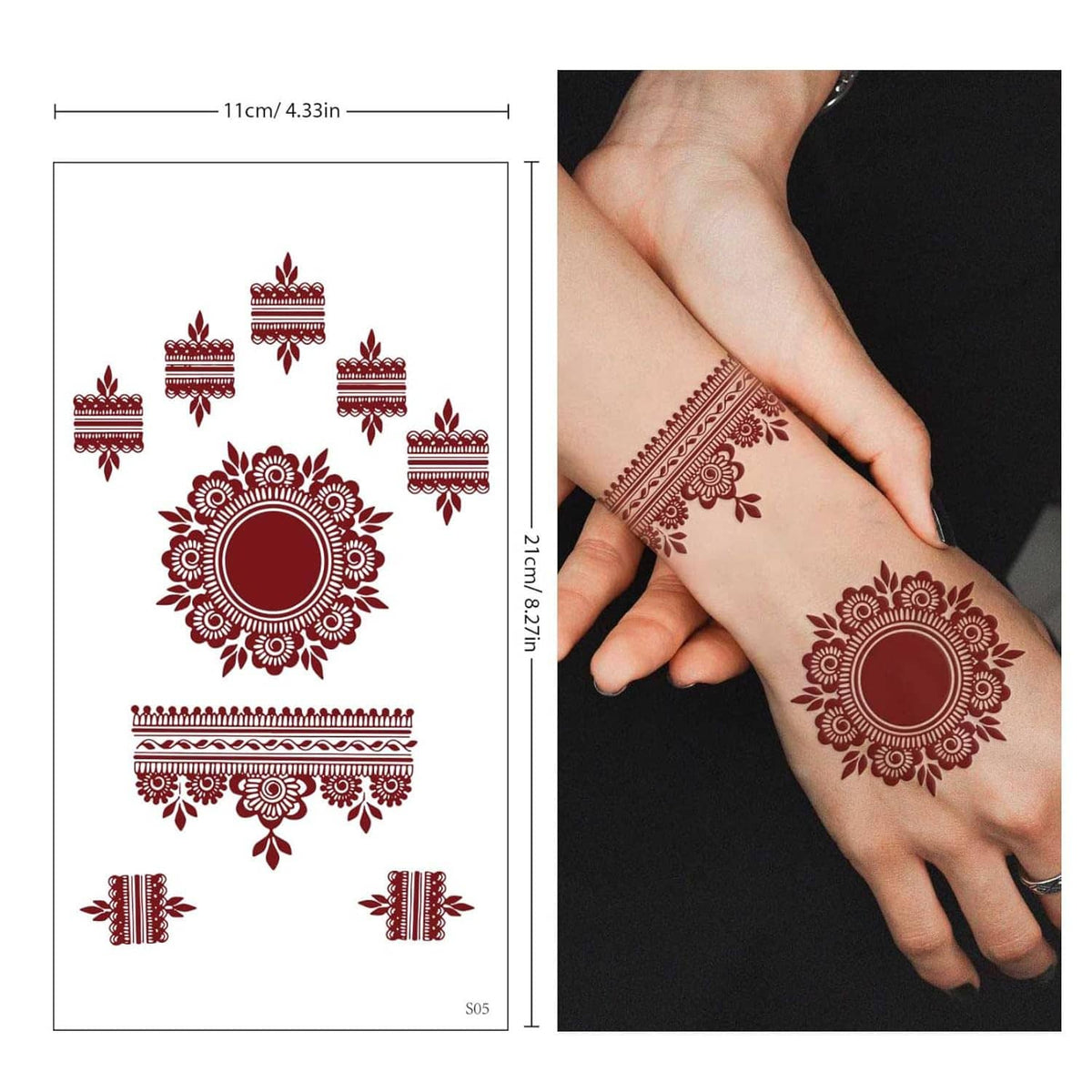 Brown henna tattoo stencil sheet with red circular medallion and hand placement