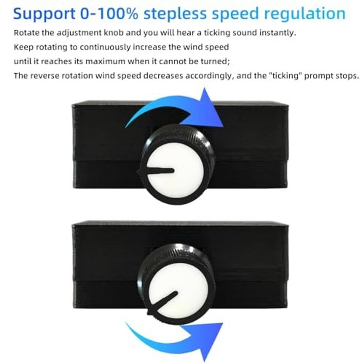 Black PWM fan controller with adjustable speed knob for 0–100% control