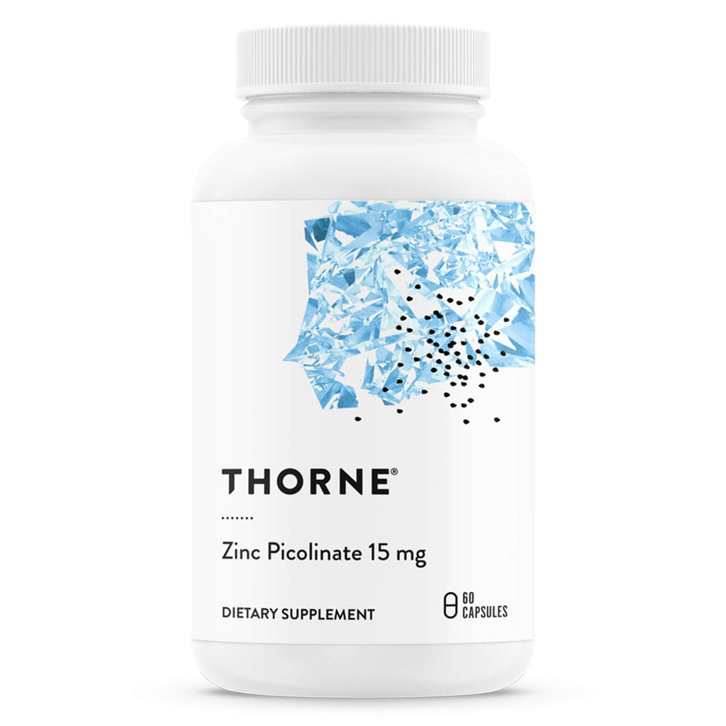 Thorne zinc picolinate supplement bottle with 15 mg label, 60 capsules