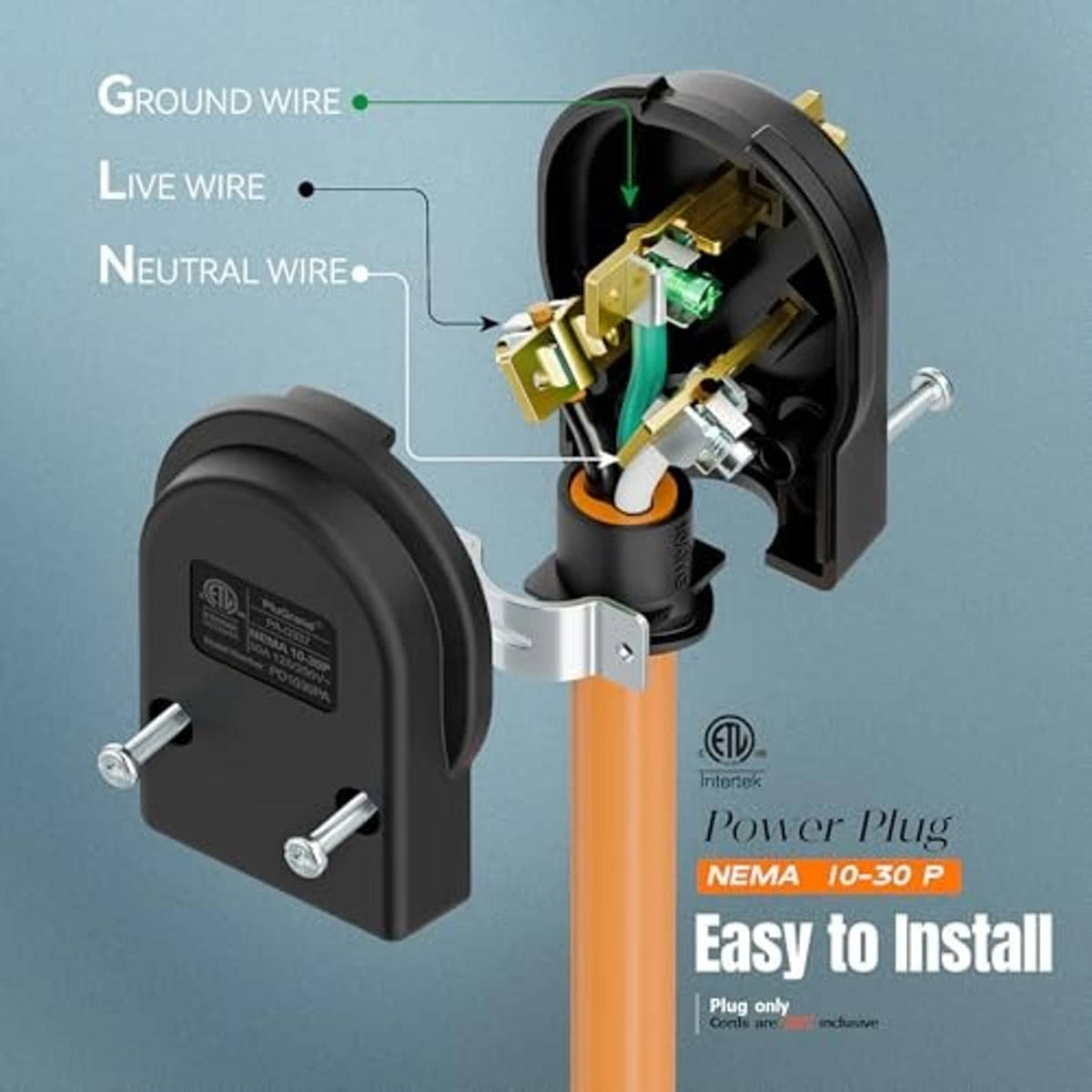 NEMA 10-30P power plug showing internal wiring with gold terminals and black housing