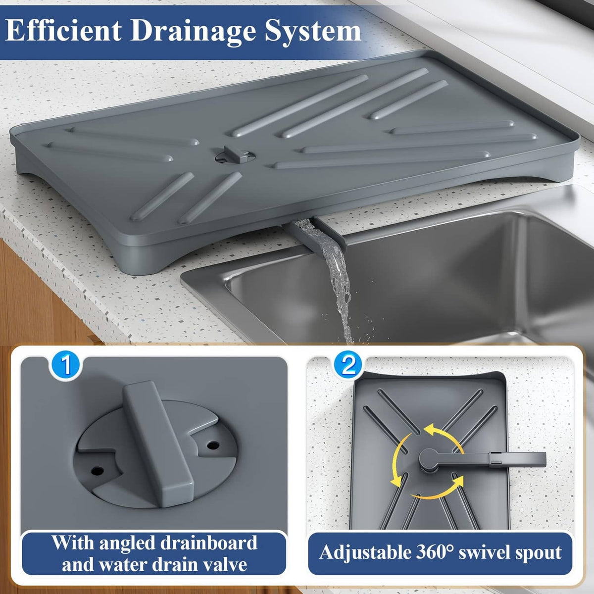 Gray drainboard with angled channels and adjustable swivel spout over sink.