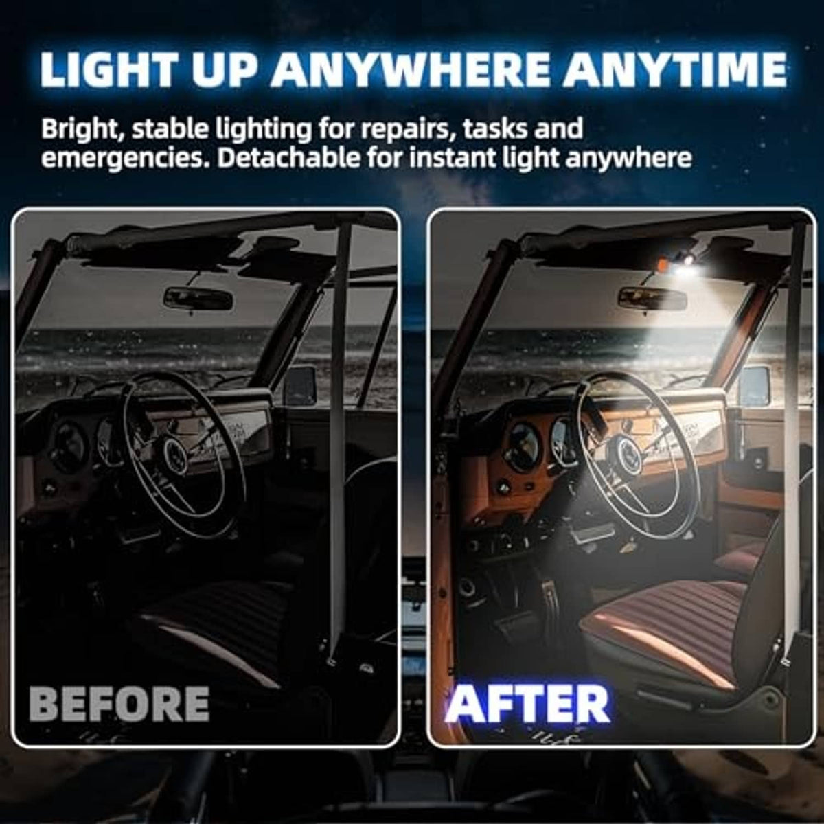 Detachable portable UTV dome light, orange lens and yellow LED bar