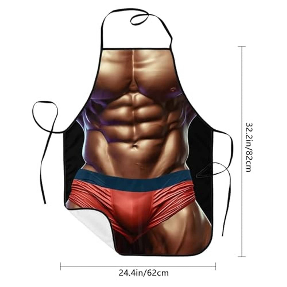 Printed apron with muscle design and included size guide overlay