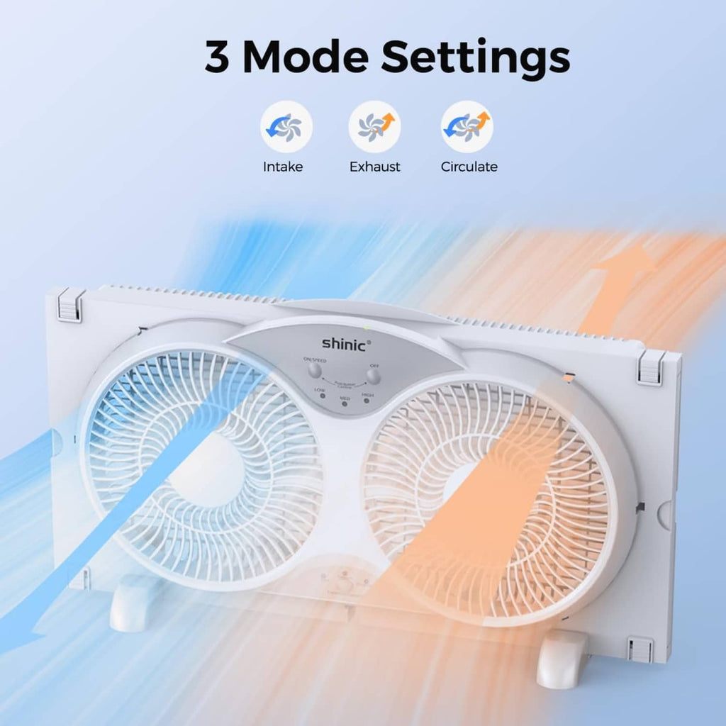 White window fan with twin circular blades and 3 airflow mode settings