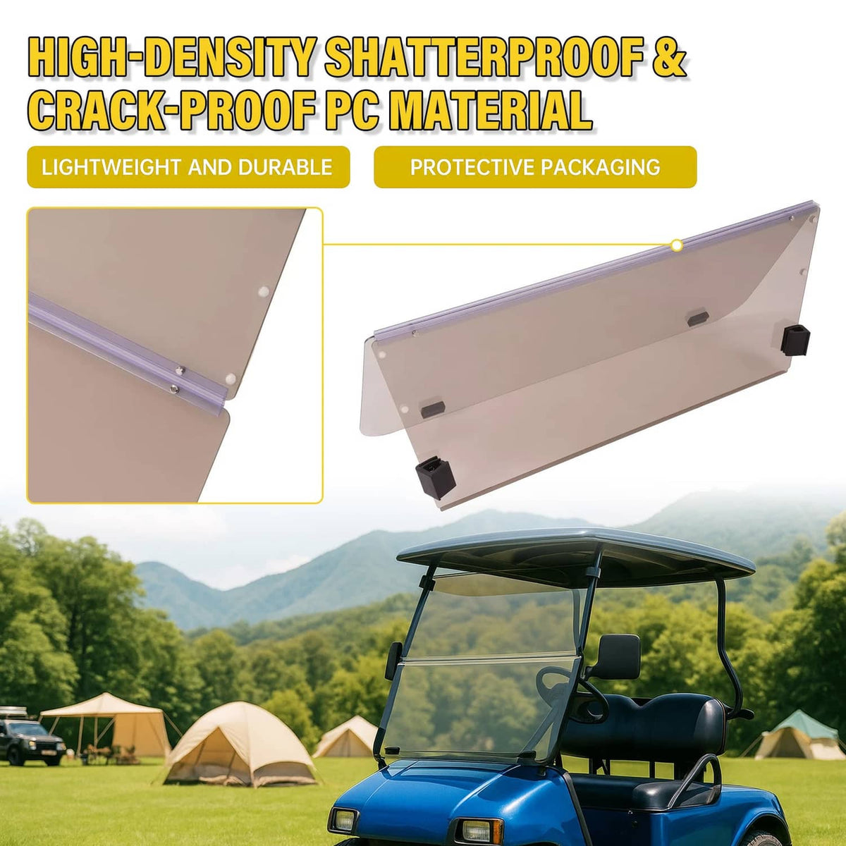 Tinted shatterproof folding windscreen with mounting clips on a golf cart