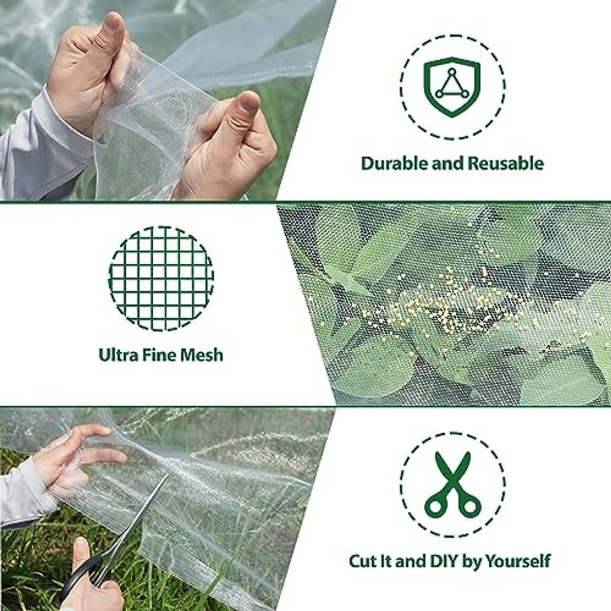 Hands stretching ultra-fine transparent mesh netting for custom garden coverage