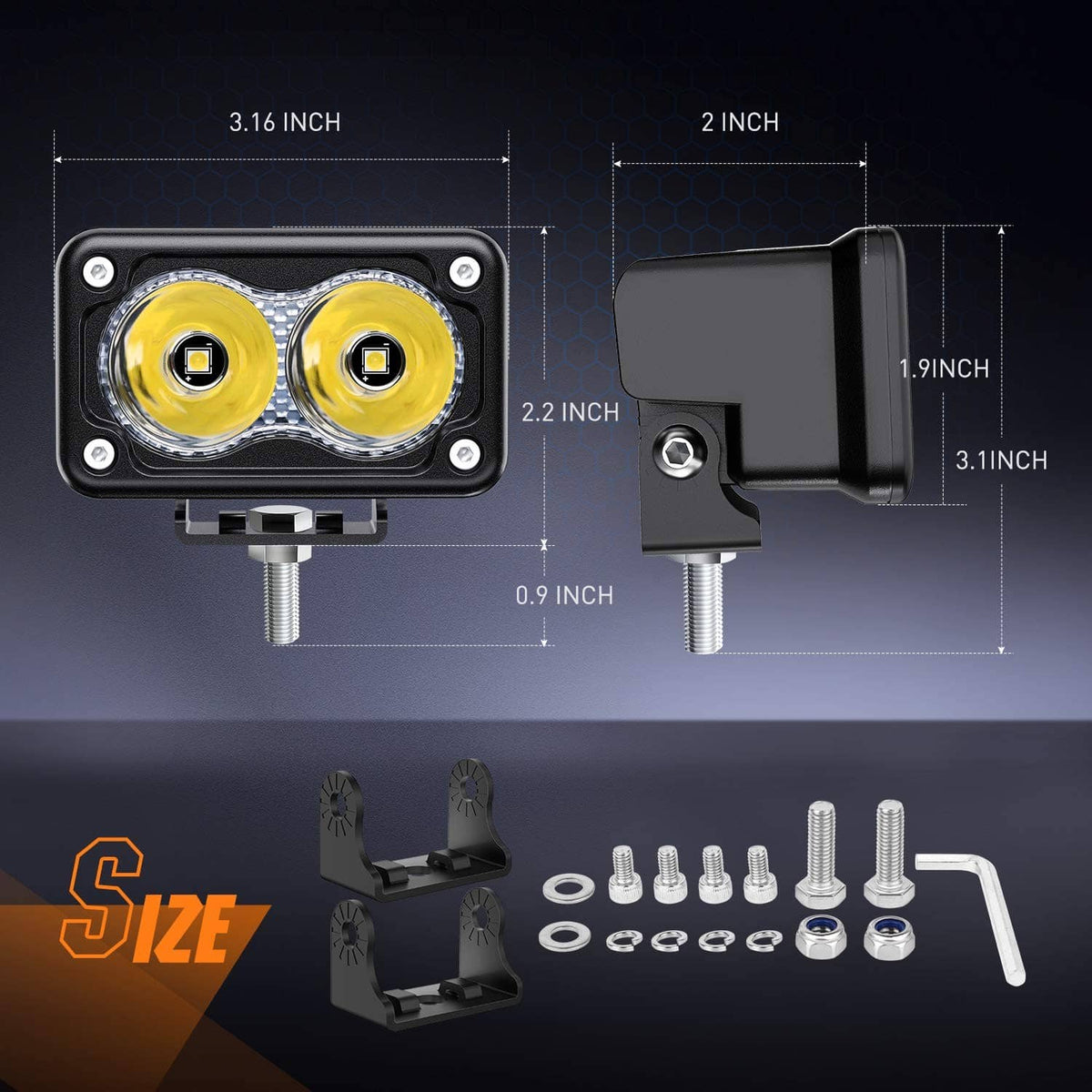 Dual 3-inch motorcycle LED pod lights with black housings and two round lens covers