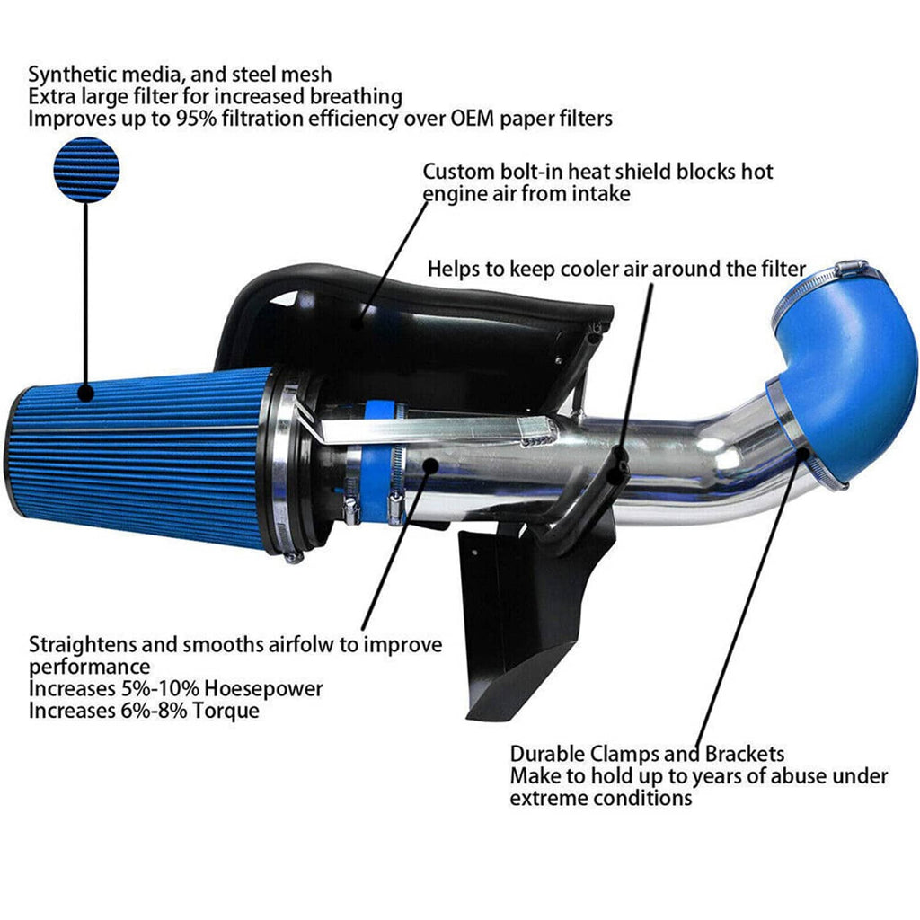4-inch cold air intake kit with blue cone filter, aluminum inlet pipe, and black heat shield