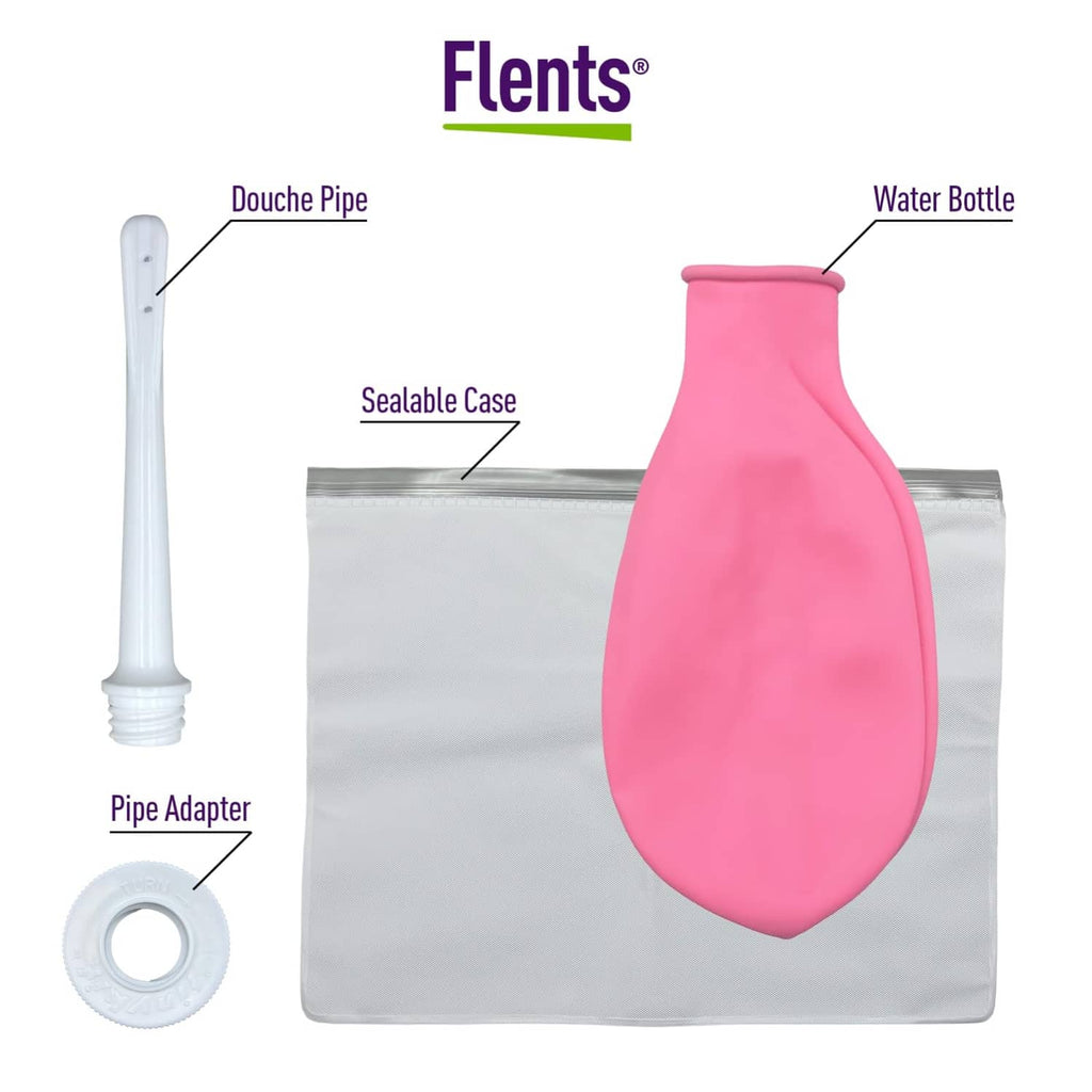 Reusable douche kit with pink water bottle, douche pipe, adapter, and sealable case