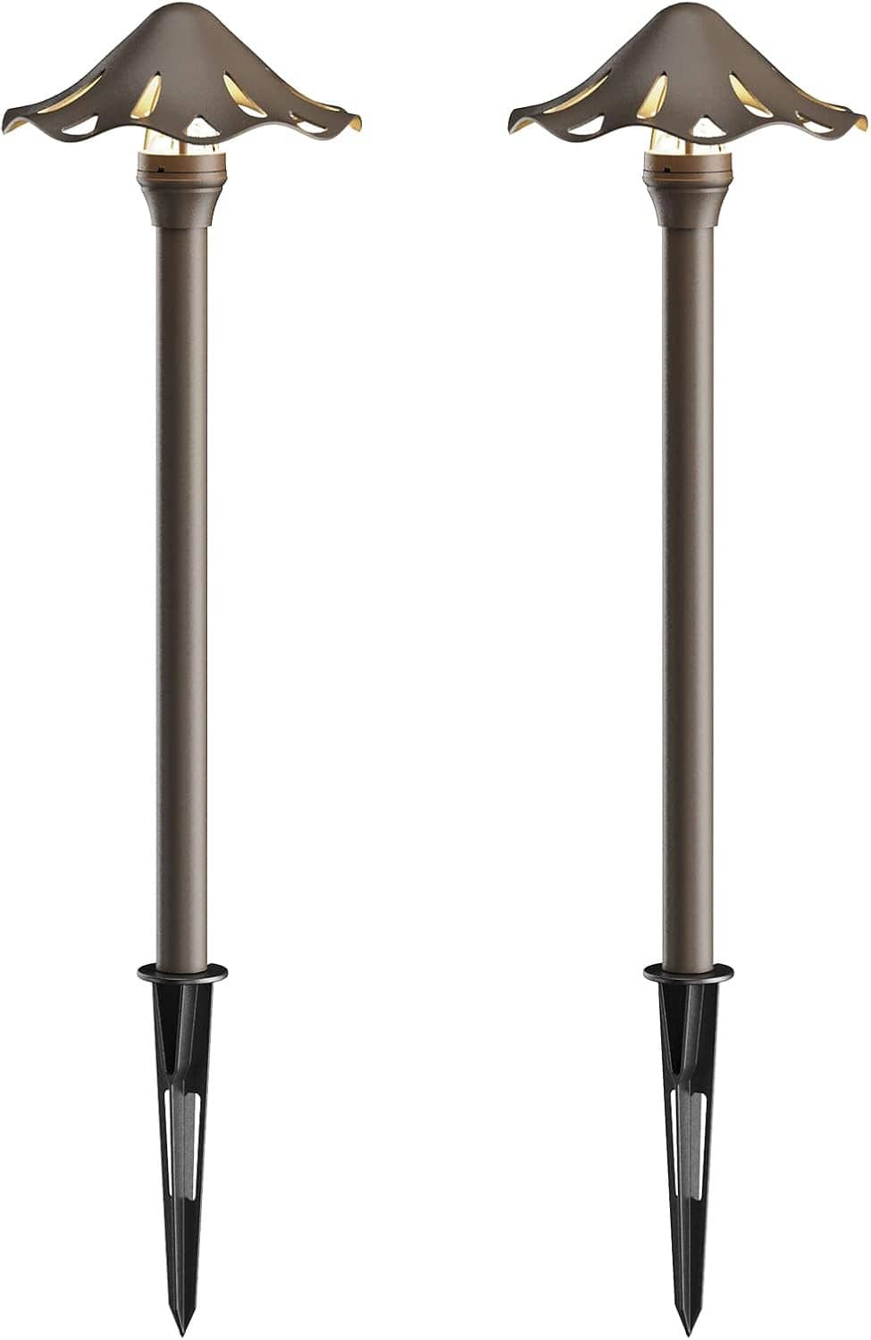 Pair of dark bronze low-voltage LED pathway lights with spike bases and decorative top caps