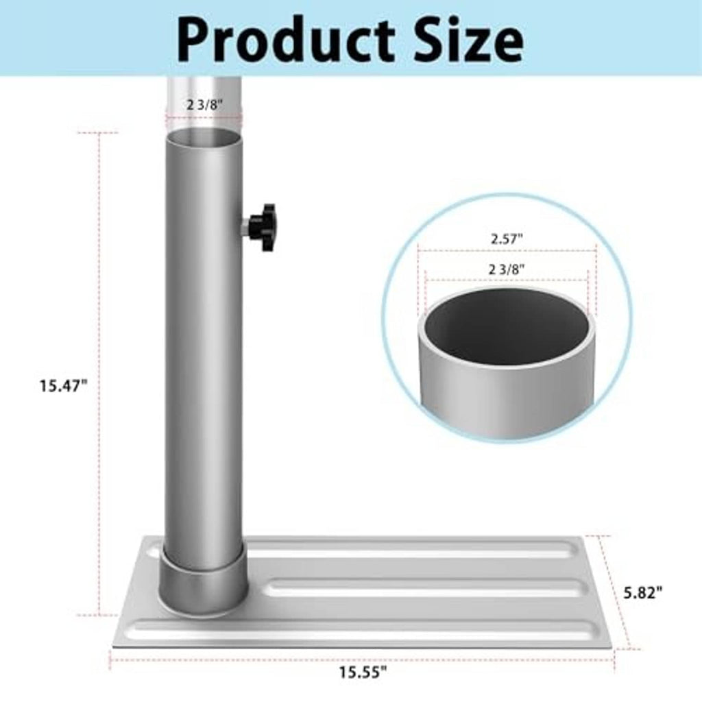 Flag pole tire-mount base size diagram with silver post and rectangular plate, silver