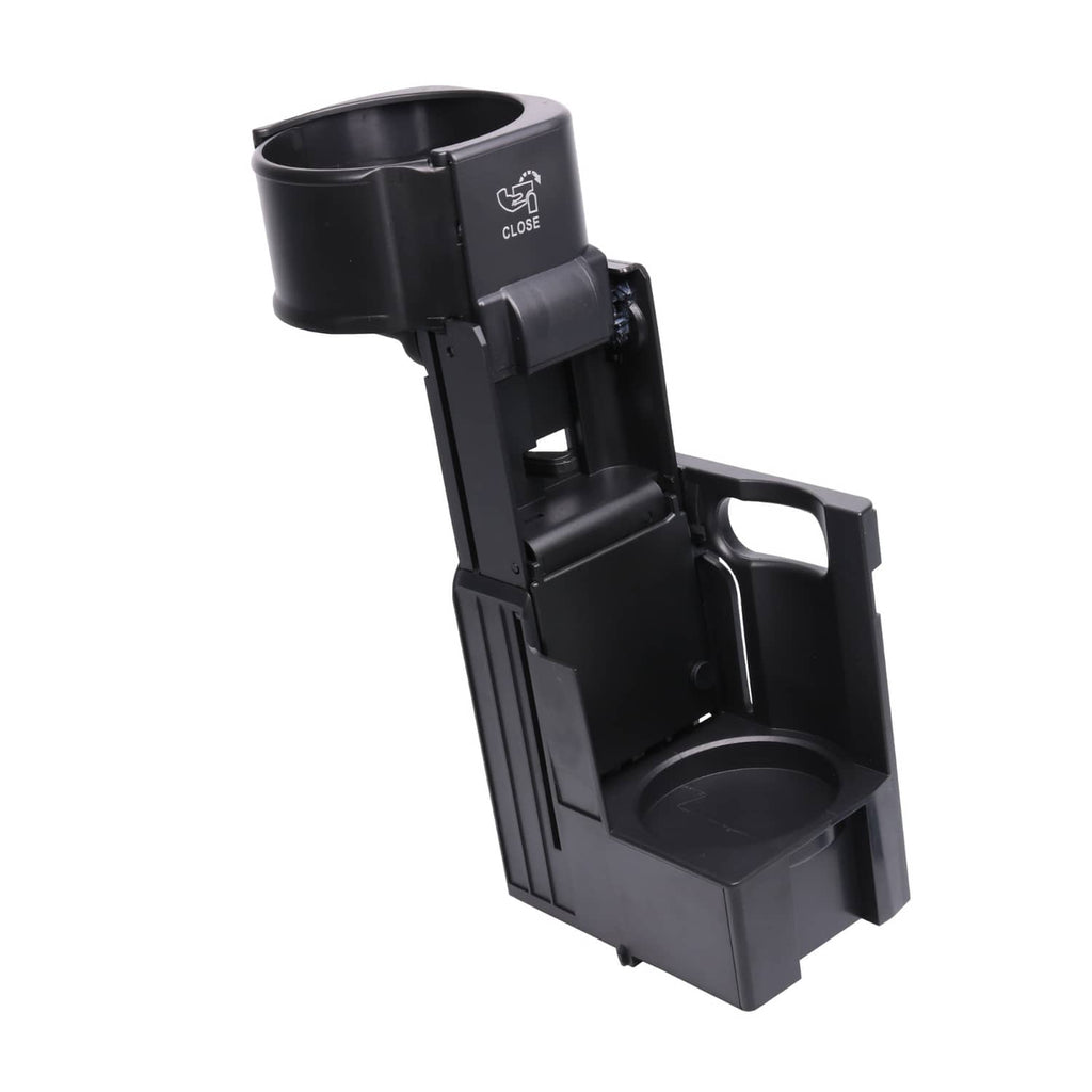 Front retractable cup holder in closed position, black cup holder with release lever