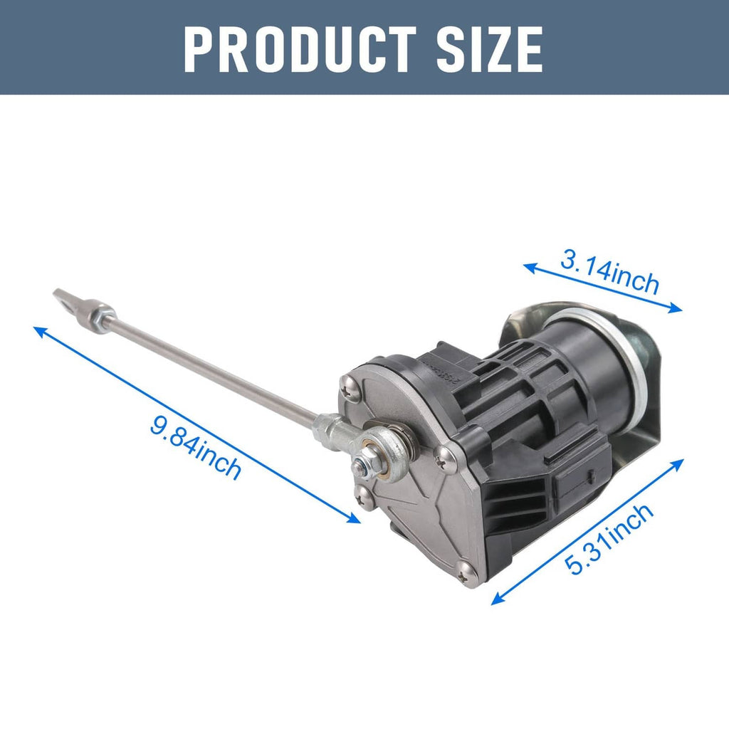 Turbo wastegate actuator size view with metal rod and black plastic control unit