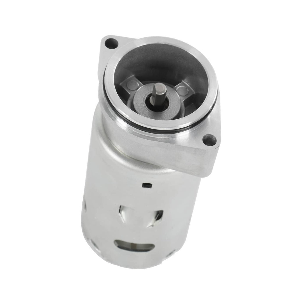 Hydraulic liftgate pump motor, cylindrical metal housing with central drive and mounting holes