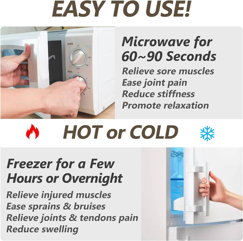 Heating pad care and use guide graphic showing microwave timing and hot or cold options