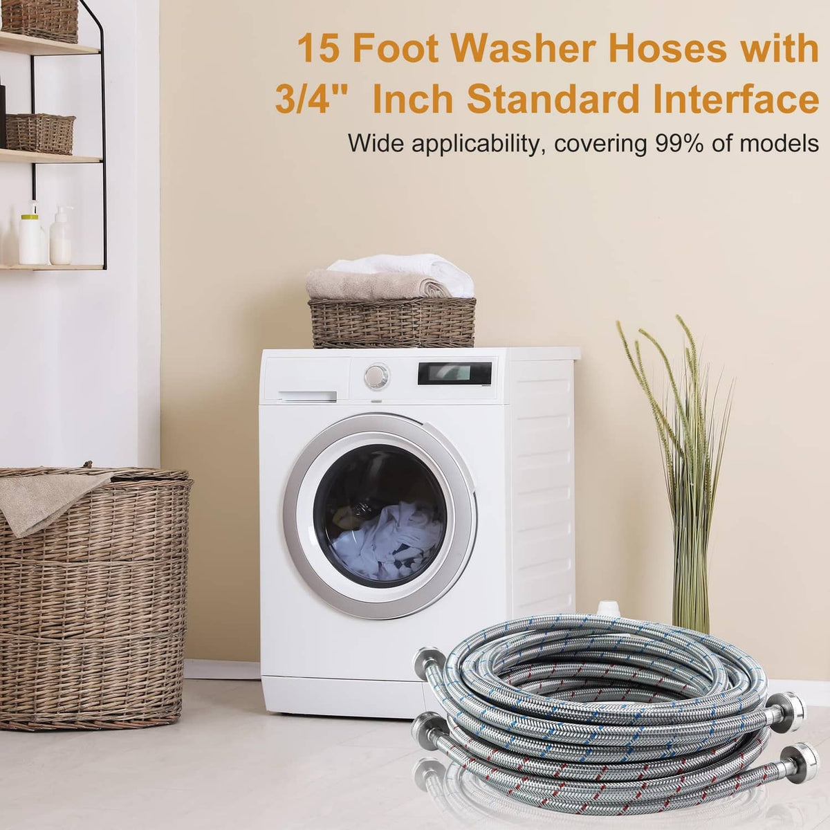 Coiled 15 ft washing machine hose with 3/4 in standard threaded end interface