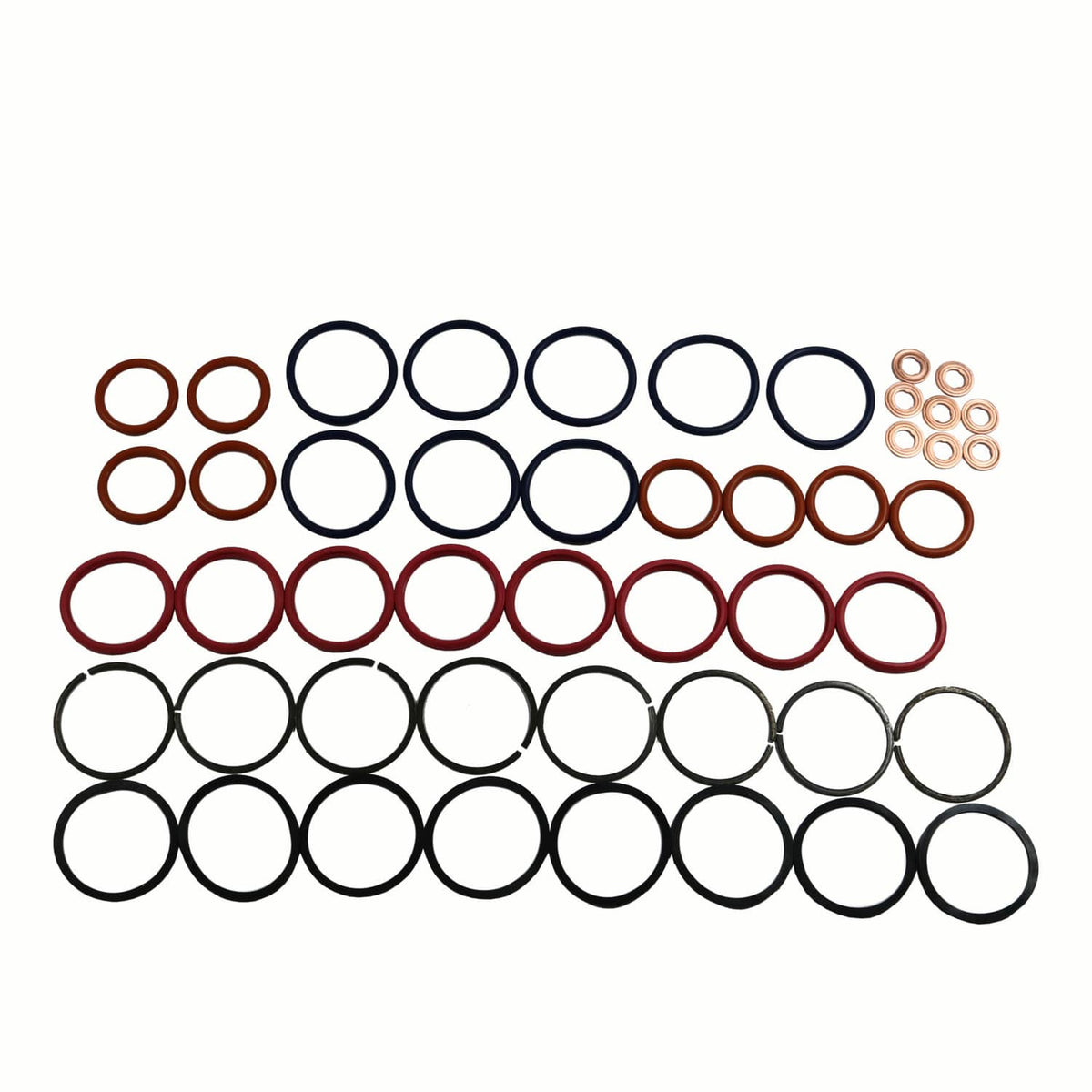 Round O-ring assortments in black, red, and brown for injector cup installs