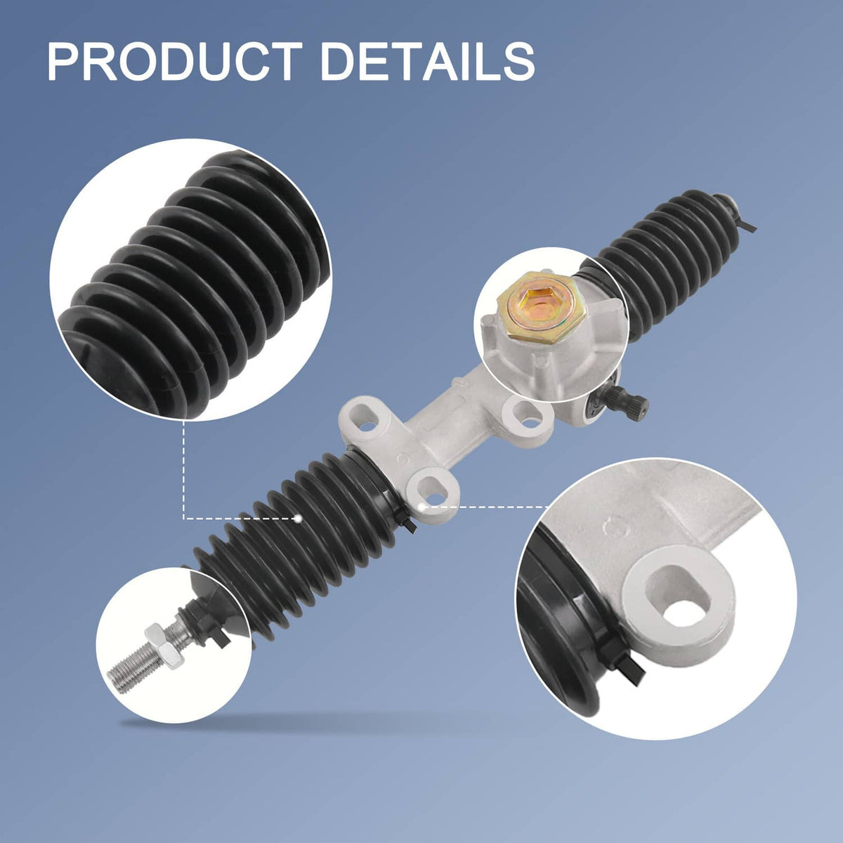 Steering gear box product detail showing black boots, silver housing, and mounting flange
