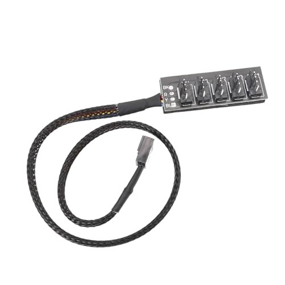 PWM fan hub splitter board with 4-pin connectors and black braided fan cable