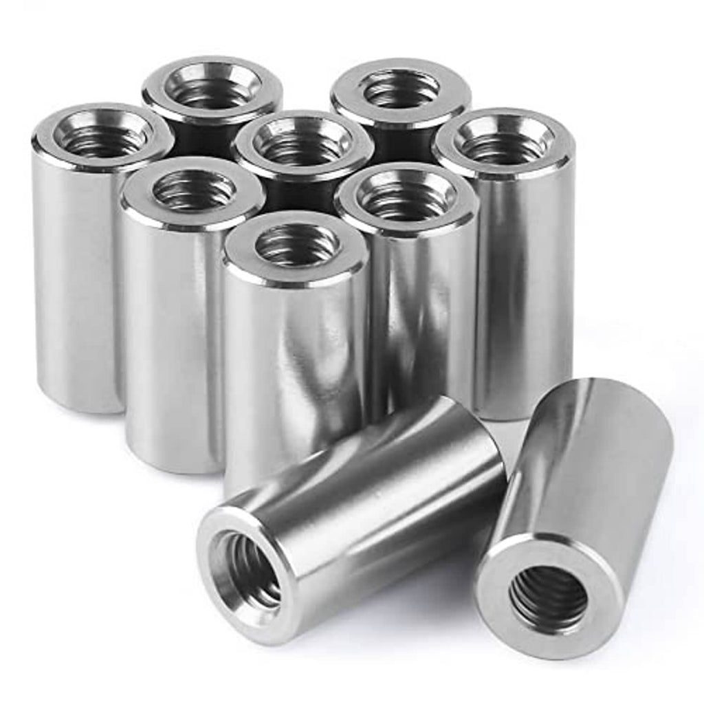 Set of 304 stainless steel round coupling nuts with M8 internal threads and cylindrical sleeves
