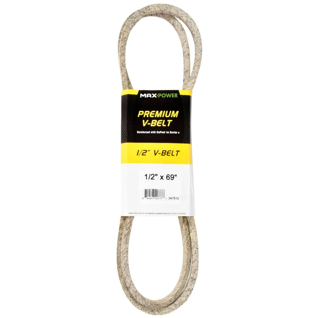 Gray V-belt loop with reinforced fabric edge, labeled 1/2 in x 69 in