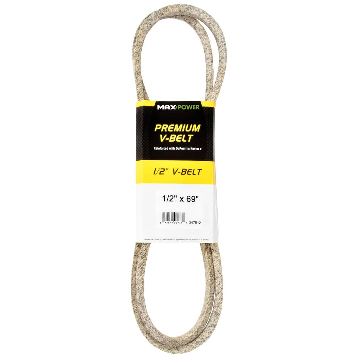 Gray V-belt loop with reinforced fabric edge, labeled 1/2 in x 69 in