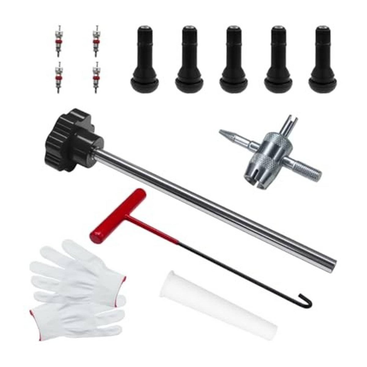 Tire valve tool kit with long rod, T-handle, core remover, valve caps, gloves